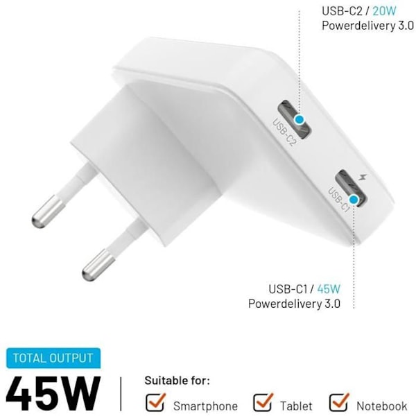 FIXE Slim GaN med 2x USB-C-utgångar och stöd för PD 45W vit
