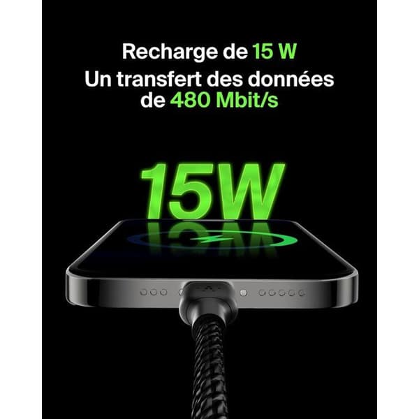 Flätad kabel - BELKIN - USB-C till USB-A - 1 m - Svart Svart