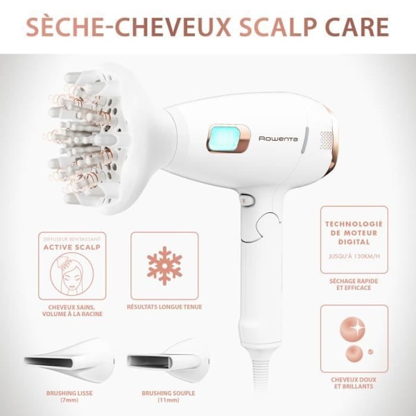 ROWENTA CV9240F0 Scalp Care Ultimate Experience -hiustenkuivain, vahvistetut volyymia antavat hiukset, päänahan hieronta, 3 lisäosaa Vit