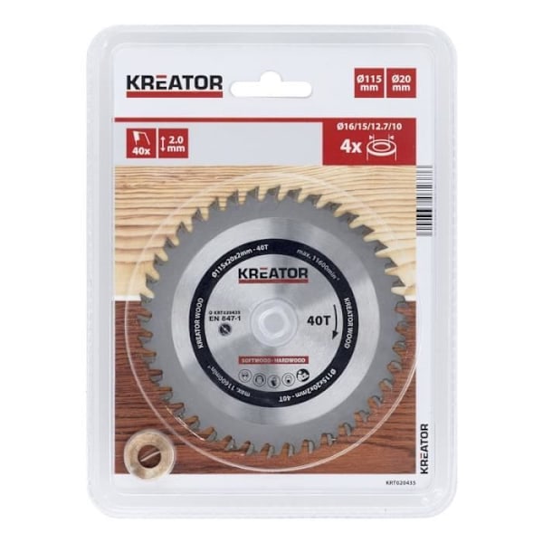 KREATOR KRT020435 cirkelsågblad för trä - 115x15x1,3mm - 40 tänder - Maximal hastighet 11600 varv/min