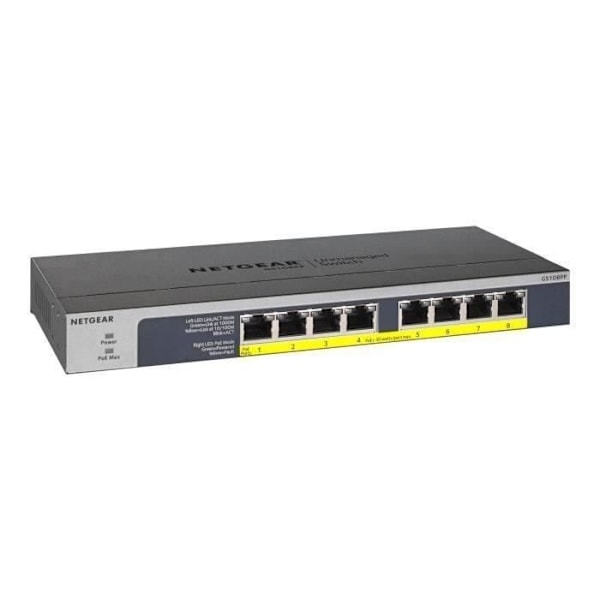 NETGEAR GS108LP 8-porttinen Ethernet-kytkin - tuettu 2 kerrosta - Kierretty pari - Seinäkiinnitys, pöytäkone, telineeseen asennettava musta, Harmaa