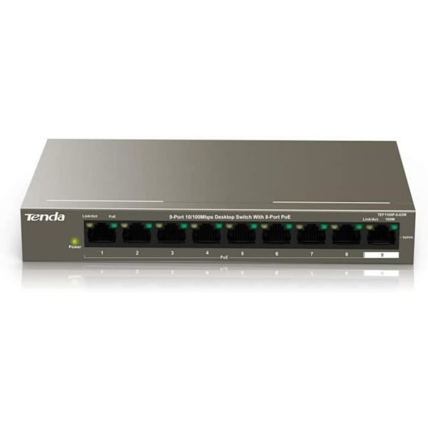 TENDA Desktop Switch 9 Porte 10/100M Base-TX RJ45, 8-Port PoE Switch, 6KV Counter-Lightning, Plug&Play, TEF1109P-8-63W Sort