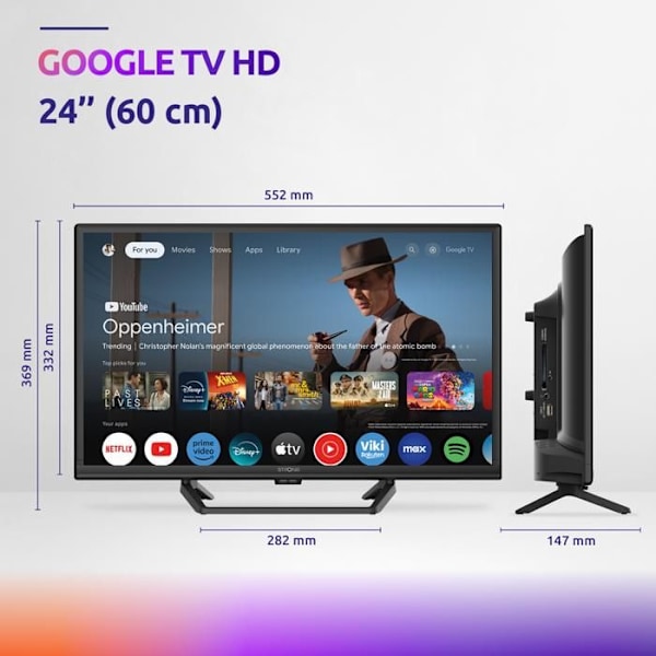 STRONG - TV HD 24" (60 cm) Google TV - Wifi - Bluetooth - Chromecast - 12V Husvagn, Campingbil, ... - 3 Tuners- 2 HDMI(1 ARC)+USB