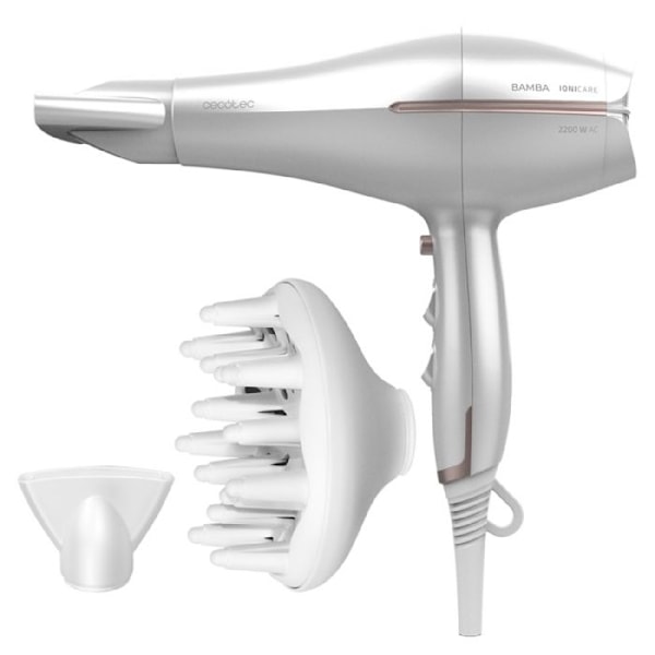Cecotec ionisk hårtørrer med diffuser Bamba IoniCare 5300 Maxi Aura med 2200 W effekt, DC-motor med ægte ioner og gran Hvid