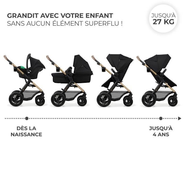 Kinderkraft MOOV2 AIR Barnevogn 3 i 1, Rejse-system fra fødslen til 27 kg, Mink PRO I-Size autostol inkluderet, Sort sort