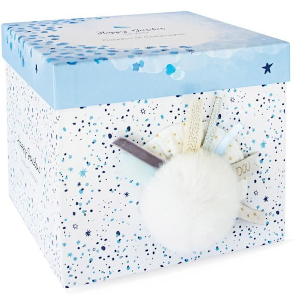 Doudou og Selskab - Plysdyr Kanin - 25 cm - Hvid/Blå Pompon Kanin - Smuk Gaveæske - Happy Glossy - Happy Doudou To You Lyseblå