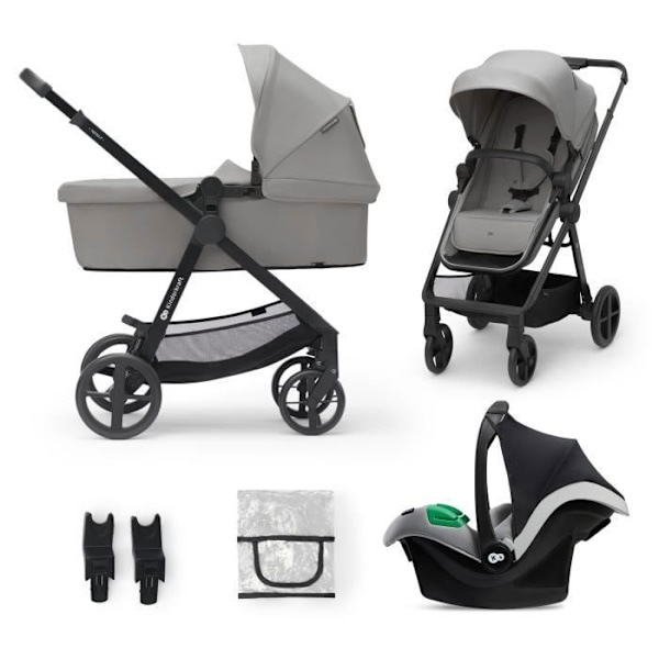 3 i 1 Kombineret Barnevogn - KINDERKRAFT NEWLY - med I-size Autostol - Rejsesystem - Let 7,5 kg - Foldbar - Grå Grå