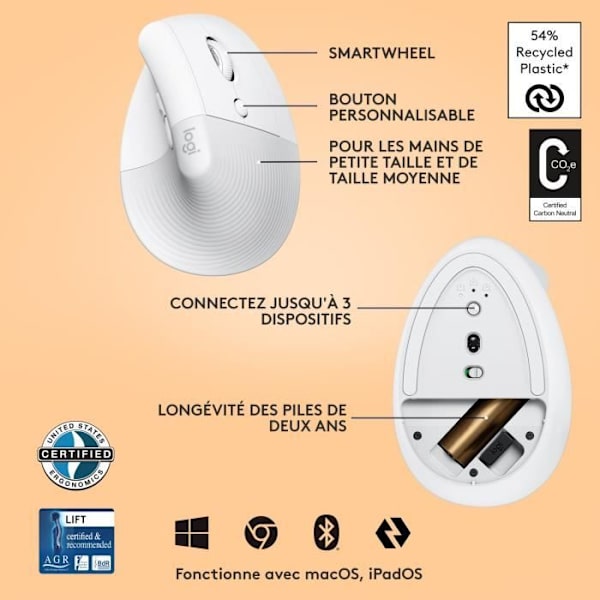 Logitech Lift Ergonomic Vertical Mouse, Langaton, Äänetön - Valkoinen