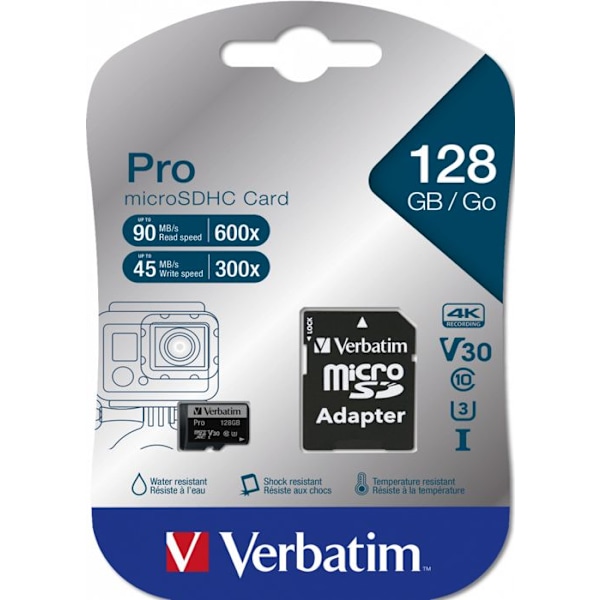 MicroSDXC hukommelseskort - VERBATIM - 128 GB - U3 - 90 MB/s - Vandafvisende