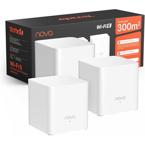 Tenda Nova Mesh EX3 (2 Pakettia) - Älykäs AX1500 Wi-FI Mesh -toistaja, Wi-FI Mesh kattavuudella 2-3 huoneeseen Valkoinen