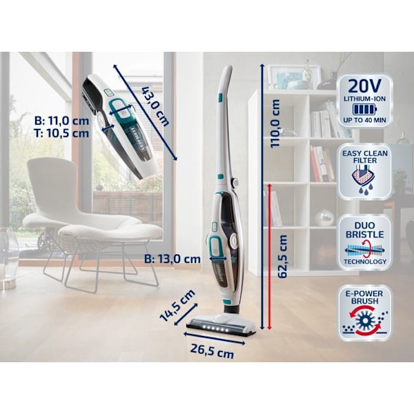 Trådlös 2-i-1 golvdammsugare Leifheit Regulus PowerVac 11925, multifunktionell dammsugare 20V, batteritid 40min, vit