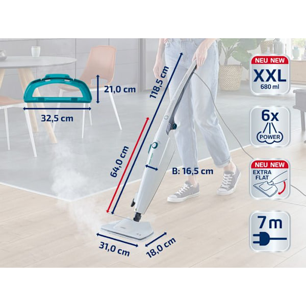 Dampvasker Leifheit CleanTenso Power 11940, effektiv dampmoppe til alle typer gulve, XXL tank på 680ml, hvid Vit