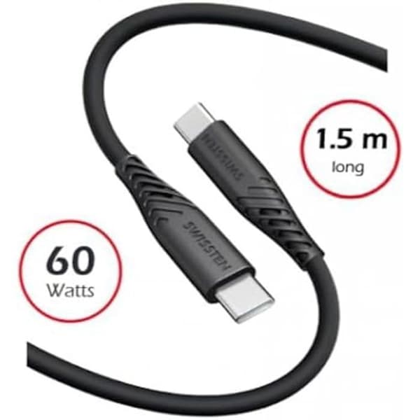 USB-C-kabel - SWISSTEN - Mjuk Silikon - 1,5 m - Snabbladdning 60W - 3A