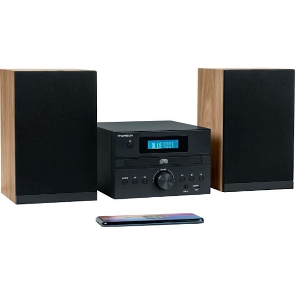 Bluetooth mikrosystem - THOMSON - Træ/Sort - FM/CD/MP3/USB radio, 20W RMS, FM RDS tuner, Hovedtelefonstik, Fjernbetjening, Strømforsyning. 230V Sort, Sølv
