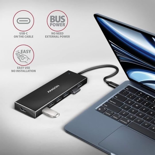 AXAGON HUE-F7A 7X USB 3.2 Gen 1 Aluminium Flad Hub, 30 cm USB-C-Kel - 8595247907042