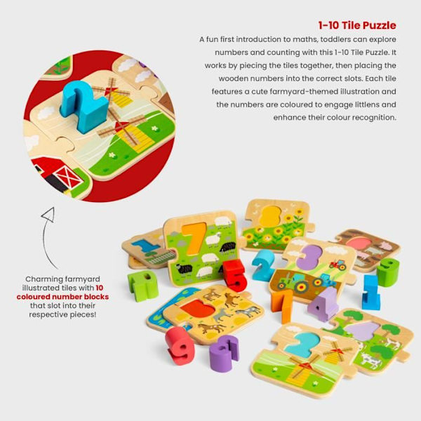 Bigjigs Toys 1-10 puupalapeli, lasten numero-puzzle, matematiikkapeli, 18 kuukautta ja sitä vanhemmille lapsille Flerfarvet