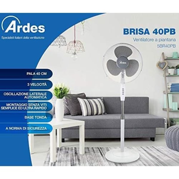 Ardes AR5BR40PB Brisa 40 PB piedestalventilator, 3 blade 40 cm, rund base 41 cm, justerbar højde, B, hvid, 40 AR5BR40PB