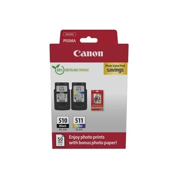 Pakkauksessa 2 mustepatruunaa + valokuvapaperipakkaus - CANON - PG-510 musta + CL-511 väri