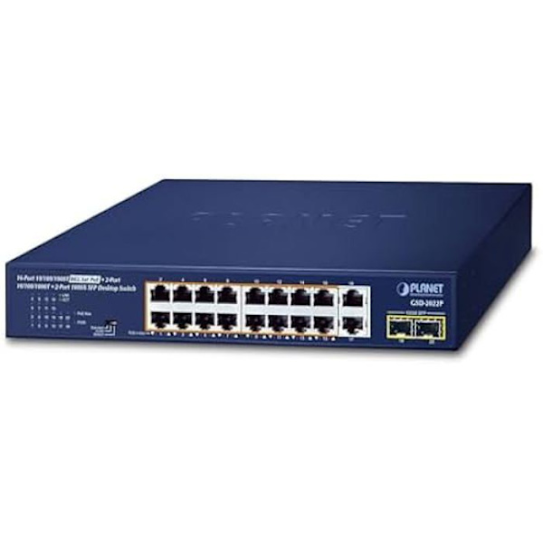 Gigabit PoE+ -kytkin - PLANET - GSD-2022P - 16 10/100/1000T-porttia - 2 1000BASE-X SFP-porttia - 185 W PoE yhteensä