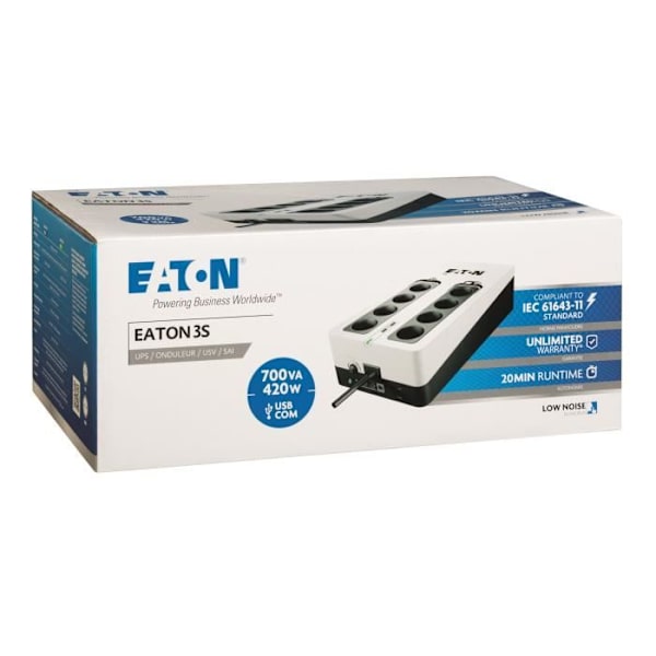 Inverter/Multi-socket/Lynbeskytter - EATON 3S 700 FR - Off-line UPS - 3S700F - 700VA (8 franske stikkontakter + 1 tel beskyttelsesstik + 2 stk.