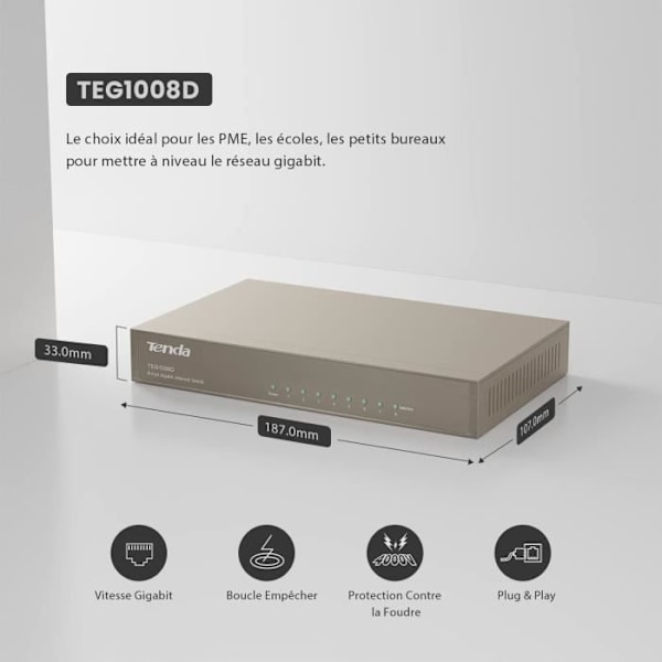 TENDA TEG1008D 8-porttinen Gigabit Ethernet -kytkin - Automaattinen neuvottelu - 4KV Counter-Lightning