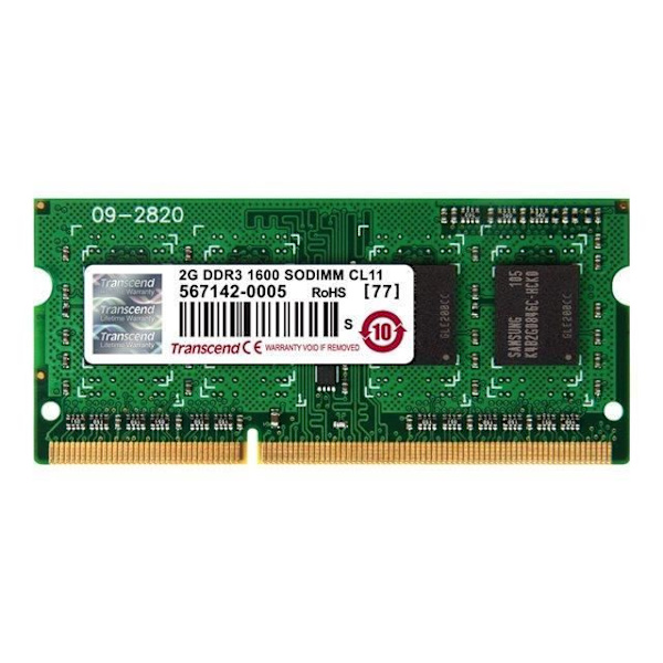 Transcend 2GB SO DIMM 204-pin DDR3-hukommelse - 1600 MHz hastighed - Kompatibel med Dell, HP og Lenovo