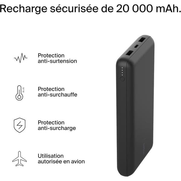 Extern batteri - BELKIN - 20 000 mAh - USB-A & USB-C - 15 W - Svart Svart