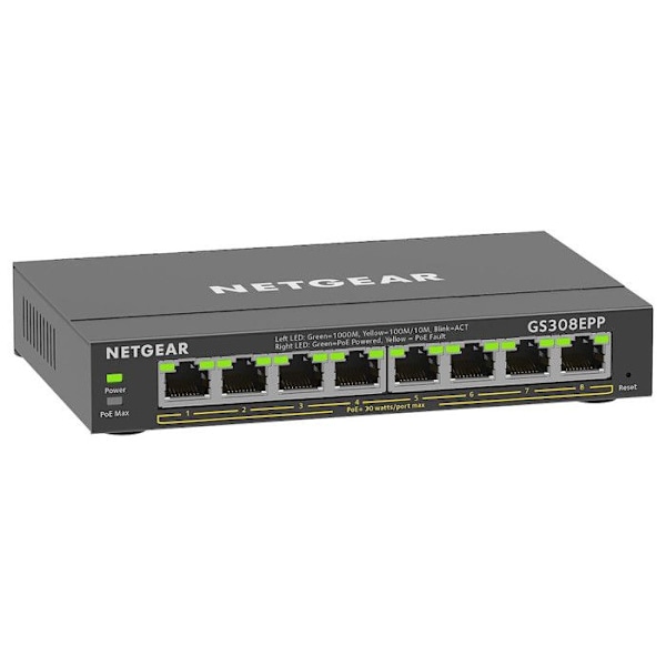 Switch Ethernet PoE 8 Porte - NETGEAR - GS308EPP - Smart Administrerbar - Stille - 124 W Sort