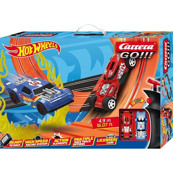 Hot Wheels elektrisk kredsløb 4,9m - Carrera GO!!! - 2 biler - Løkke og springbræt Orange og sort