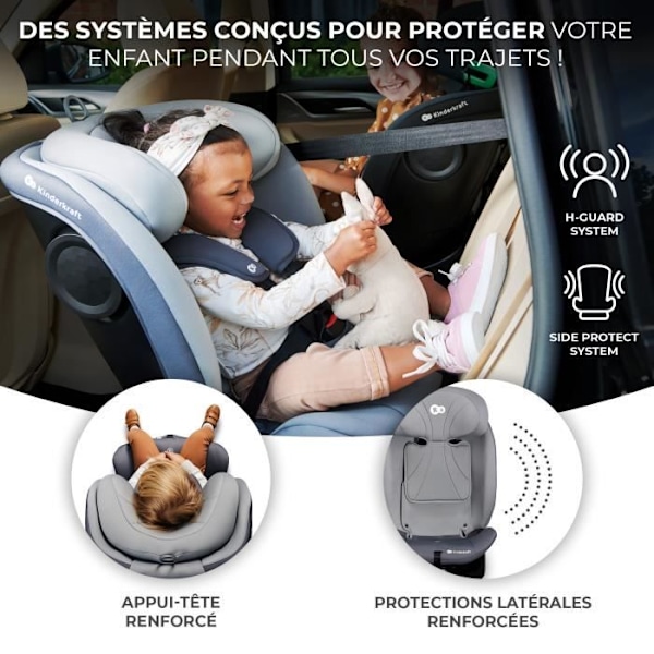 Billetstol I-size 40-150 cm - KINDERKRAFT I-GROW - 360 graders drejebase - Indbygget base med isofix - Justerbart nakkestøtte - Grå grå