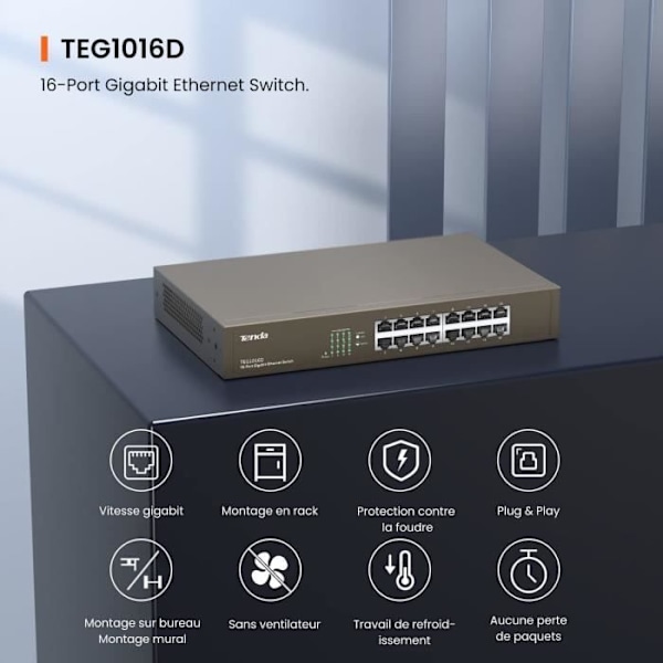 TENDA Kytkin Ethernet 16 Porttia Gigabit 10/100/1000 Mbps, Auto MDI/MDIX, Plug & Play, Metalli TEG1016D Sininen