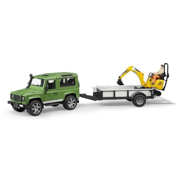 Land Rover Defender perävaunulla ja JCB-minikaivukoneella - BRUDER Grøn