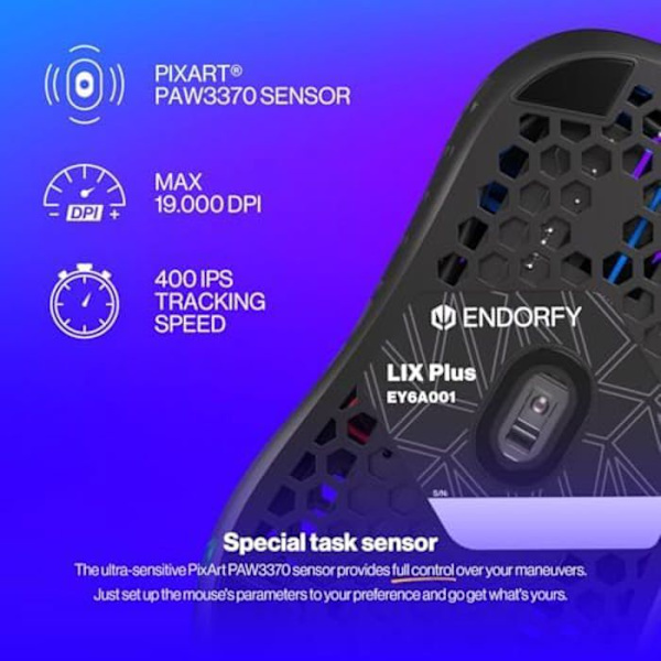Gamingmus - ENDORFY - LIX Plus - 19.000 DPI - RGB-belysning - Ultralet 59 g Svart