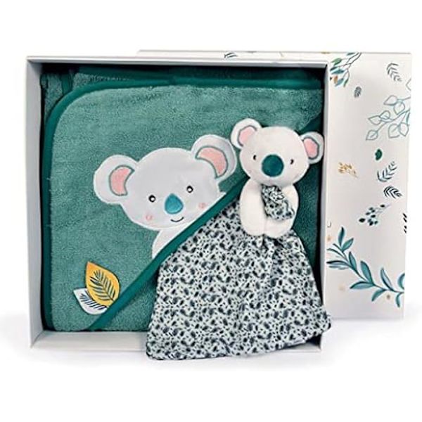 Cape de Bain Baby - DOUDOU ET COMPAGNIE - Model YOCA Koala - Soft Cotton - 80x80 cm - Blue and Green Cape de Bain + Doudou Koala