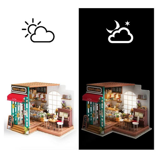 ROBOTIME 3D trædukkehus med lys miniaturekaffehus DIY Model Kit (Simmon's Coffee House) Simons kaffehus