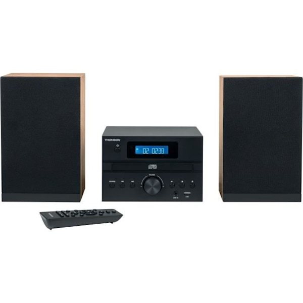 Bluetooth mikrosystem - THOMSON - Træ/Sort - FM/CD/MP3/USB radio, 20W RMS, FM RDS tuner, Hovedtelefonstik, Fjernbetjening, Strømforsyning. 230V Træ og sort
