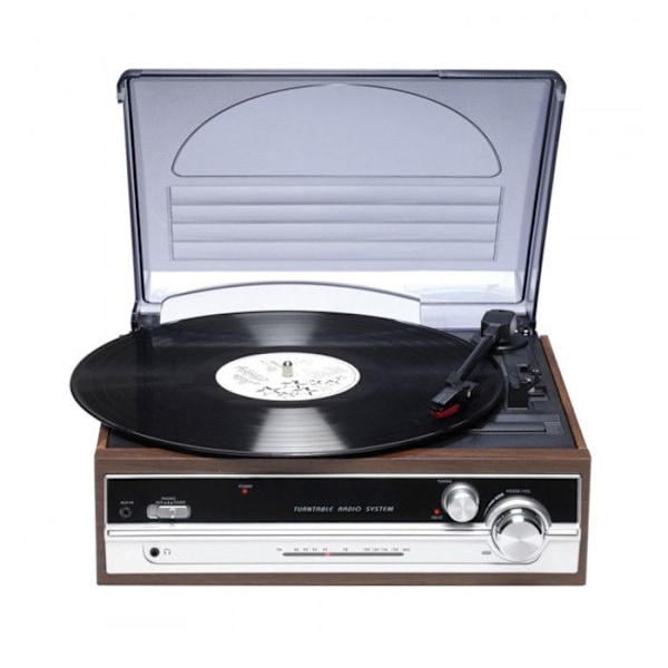 Denver VPR-190 vinylpladeafspiller med FM-radio. Indbyggede højtalere. Træfinish. Keramisk hoved Trä