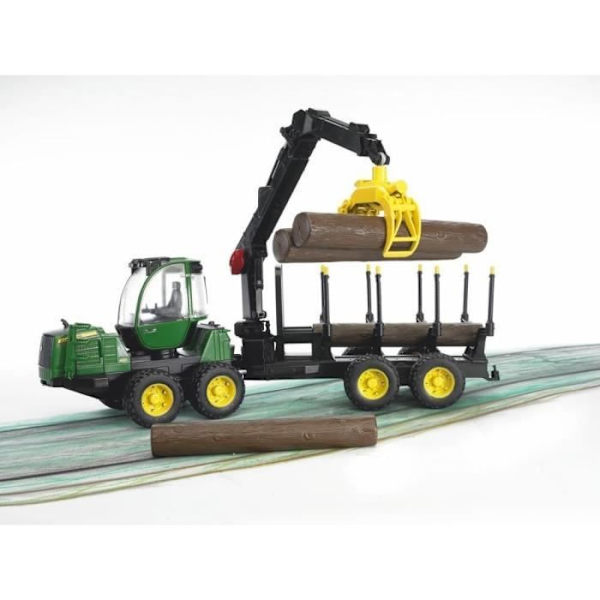 BRUDER - 2133 - JOHN DEERE 1210E -metsäkuljetusvaunu kuormaimella, metsäperävaunulla ja tukilla - Mittakaava 1:16