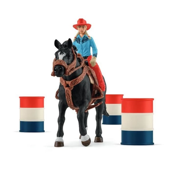 Figuriini Cowgirl ja Racing-tynnyrit, sisältäen figuurin ja hevosen, Schleich 42576 Farm World Flerfärgad