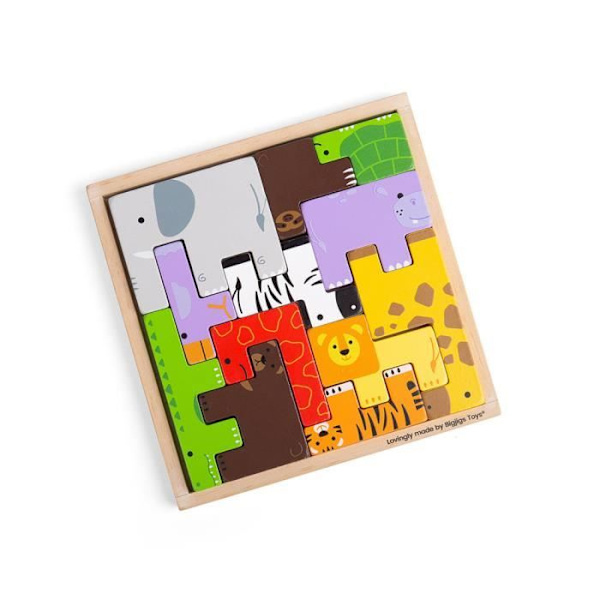 Puzzle Animal Lock-A-Block - BIGJIGS - Trælegetøj - Koordination og genkendelse af former og farver