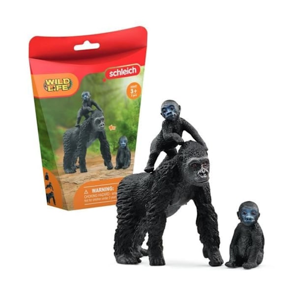 Lowland Gorilla -perhehahmo, 1 äitigorilla ja hänen 2 vauvaansa, 3-vuotiaille ja sitä vanhemmille lapsille - Schleich 42601 Wildlife Flerfärgad