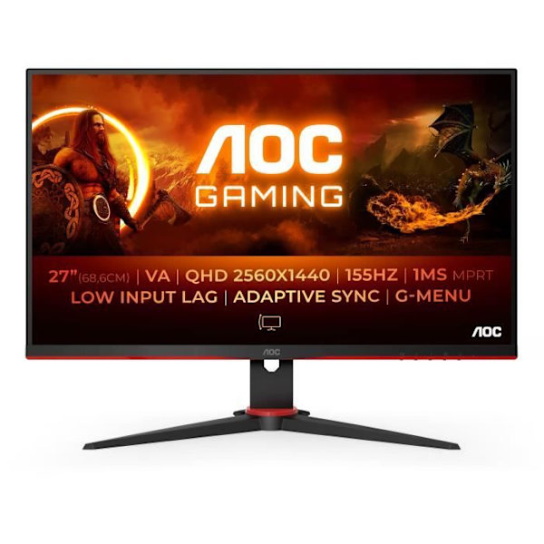 PC Gamer-skærm - AOC - Q27G2E/BK - 27" - VA-panel - QHD - 1ms - 155Hz - HDMI 2.0 x 2 DisplayPort 1.2 x 1 - Pivot - Adaptiv synkronisering