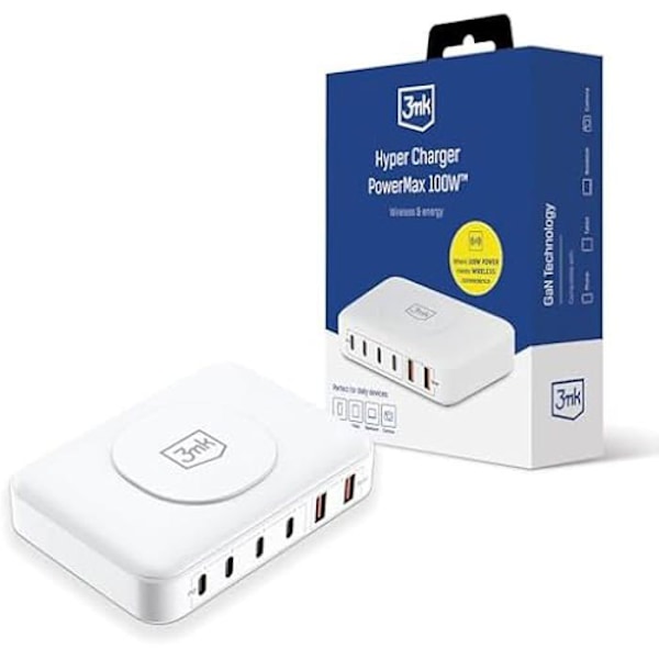 Lataaja - 3MK - Powermax 100W - Nopea lataus PD3.0 - 4x USB Type-C - 2x USB Type-A Vit