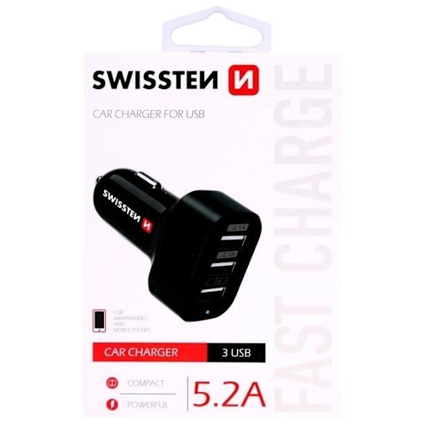 Swissten - Autolaturi 3 USB-portilla - Yhteensä 5,2 A - Musta - 20111200