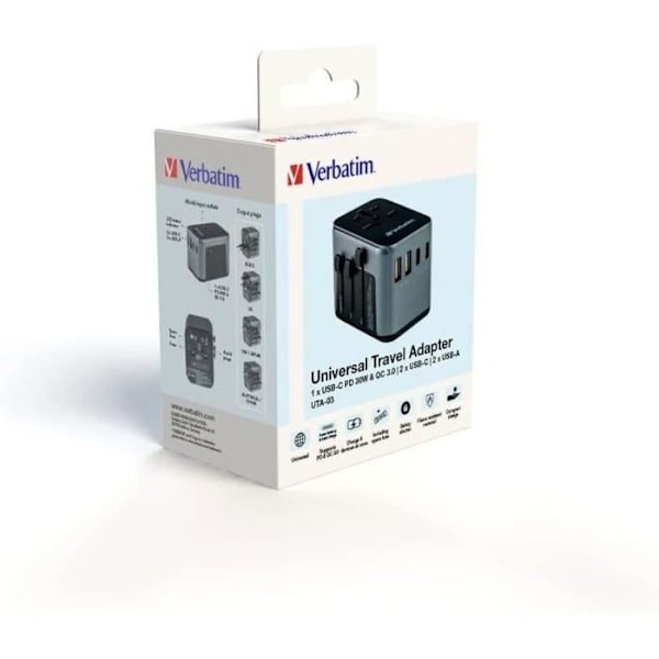 Universelt rejseadapter - Verbatim - UTA-03 - 30 Watt - PD 3.0 - Quick Charge 3.0 Grå/sort