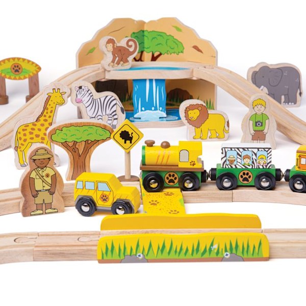 Safari Togsæt - BigJigs Legetøj - Modeller - Garage - Station - Lufthavn - Havn - Hus - Bygning Flerfarvet