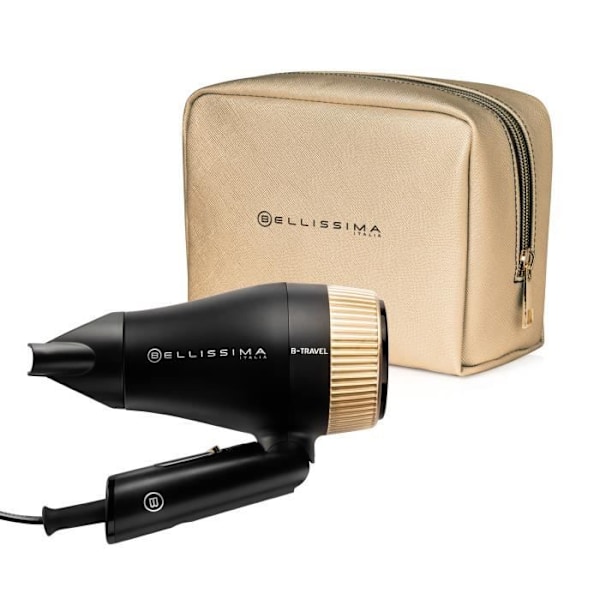 Hårtørrer - Bellissima - Kompakt rejse til alle hårtyper - Foldehåndtag - 2 kombinationer & rejseetui - 1400W Sort, Guld