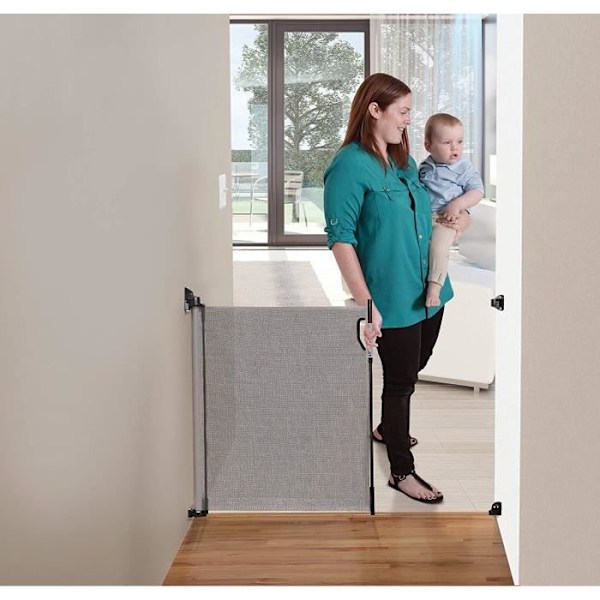 DREAMBABY® sisäänvedettävä turvaeste - Kierrettävä - Kaksisuuntainen aukko - Runko jopa 140 cm - Mukana 2 asennussarjaa - grå