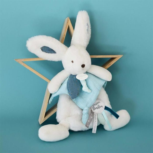 Doudou et Compagnie - Doudou Kanin -25 cm - Hvid / påfuglblå - Påfugl Pompom kanin - Gaveidee - Happy Pop - Happy Doudou To You andeblue