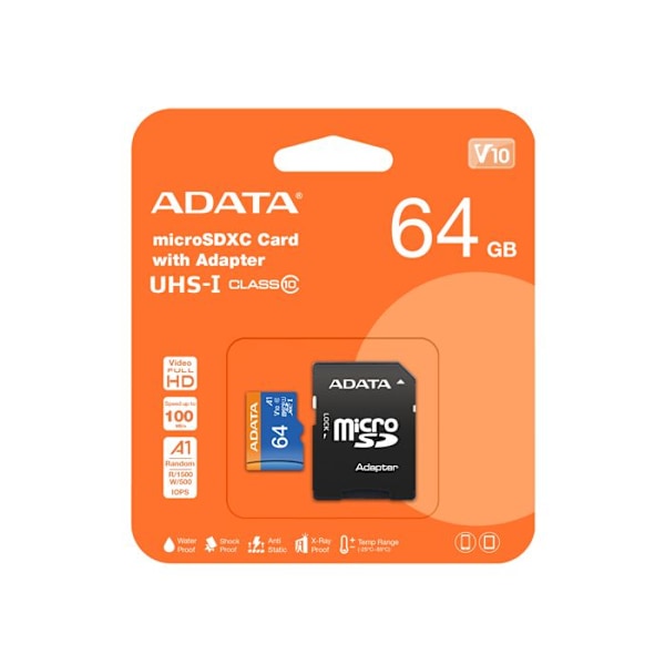 ADATA 64 Gt Premier Micro SDXC Flash -muistikortti SD-sovittimella, UHS-I Class 10, A1-suorituskyky